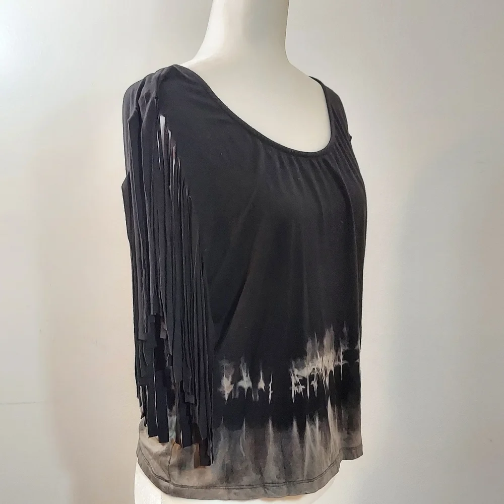 WetSeal Women's Black Tie Dye Bleached Shirt with Fun Fringe Cut Sleeves - Picture 4 of 15